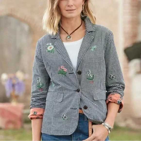 Sundance Women’s Embroidered Navy Gingham Tansy Blazer Size Small - Picture 8 of 16